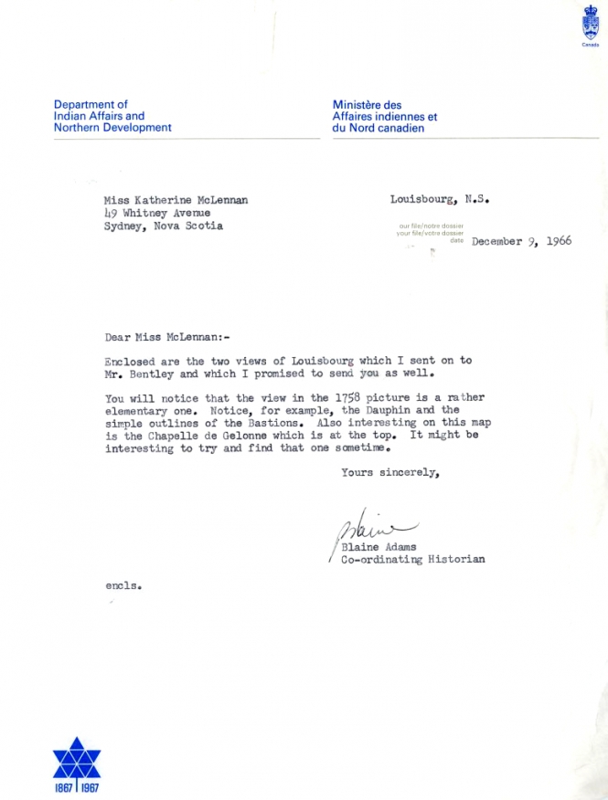 Letter from Blaine Adams to Katharine McLennan